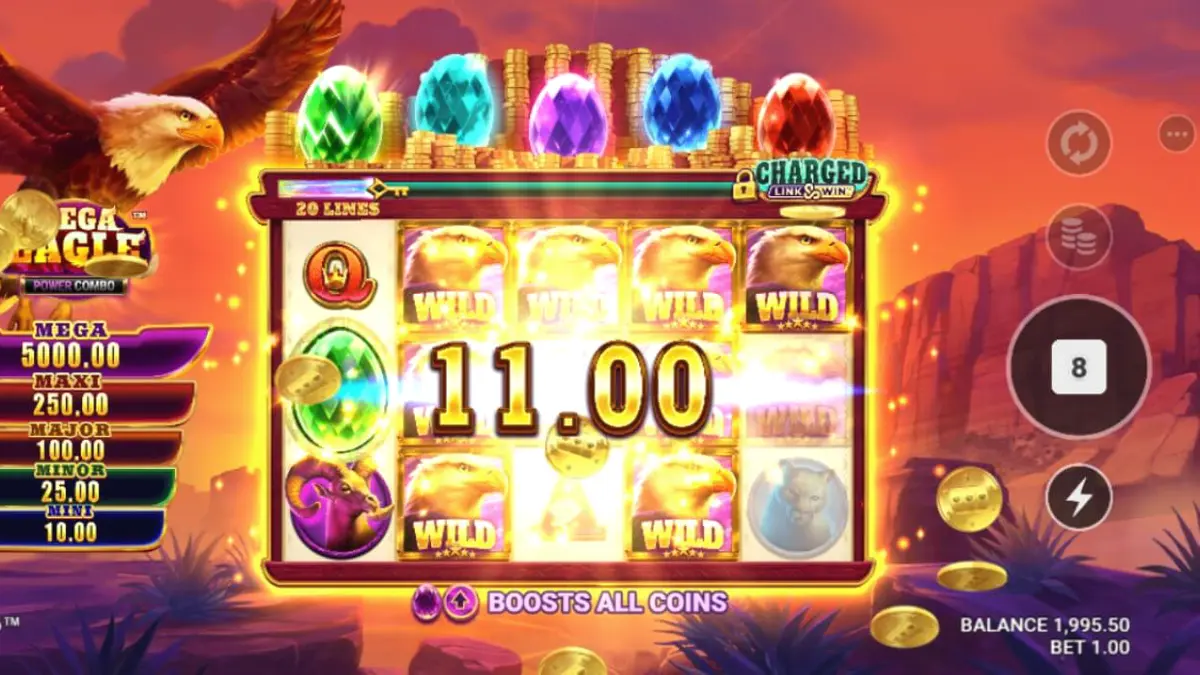 Pemandangan pegunungan megah dalam slot Mega Eagle Power Combo