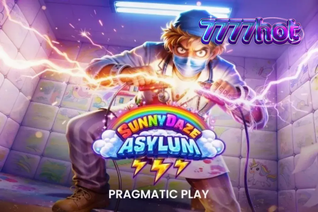 Tampilan visual slot Sunnydaze Asylum dengan tema neon dan institusi medis.